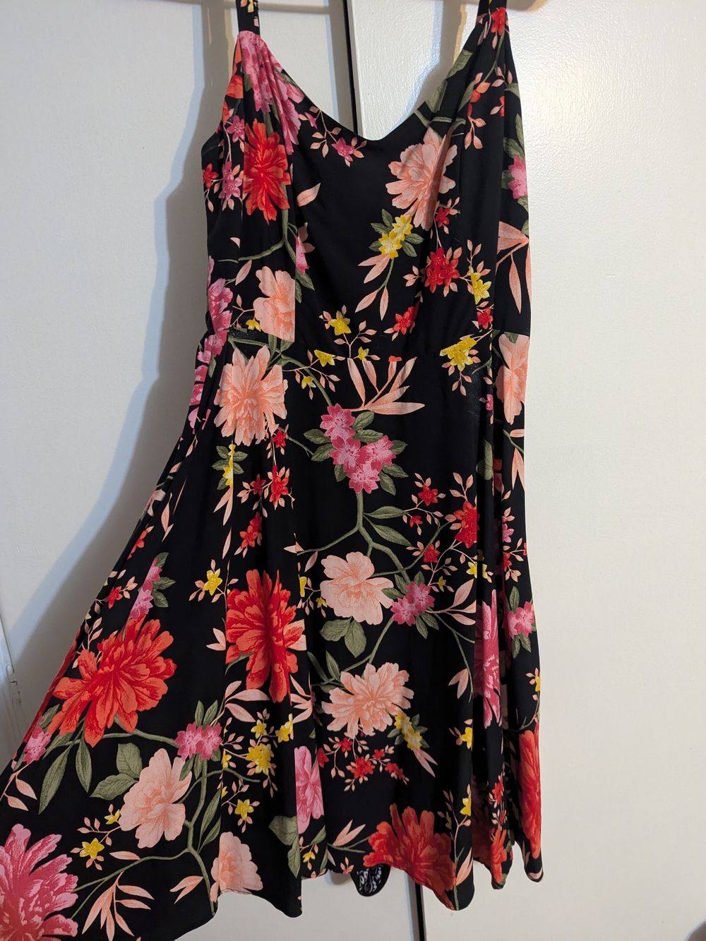 Old Navy Black Floral Slip Dress with Pink Red & Yellow Blooms